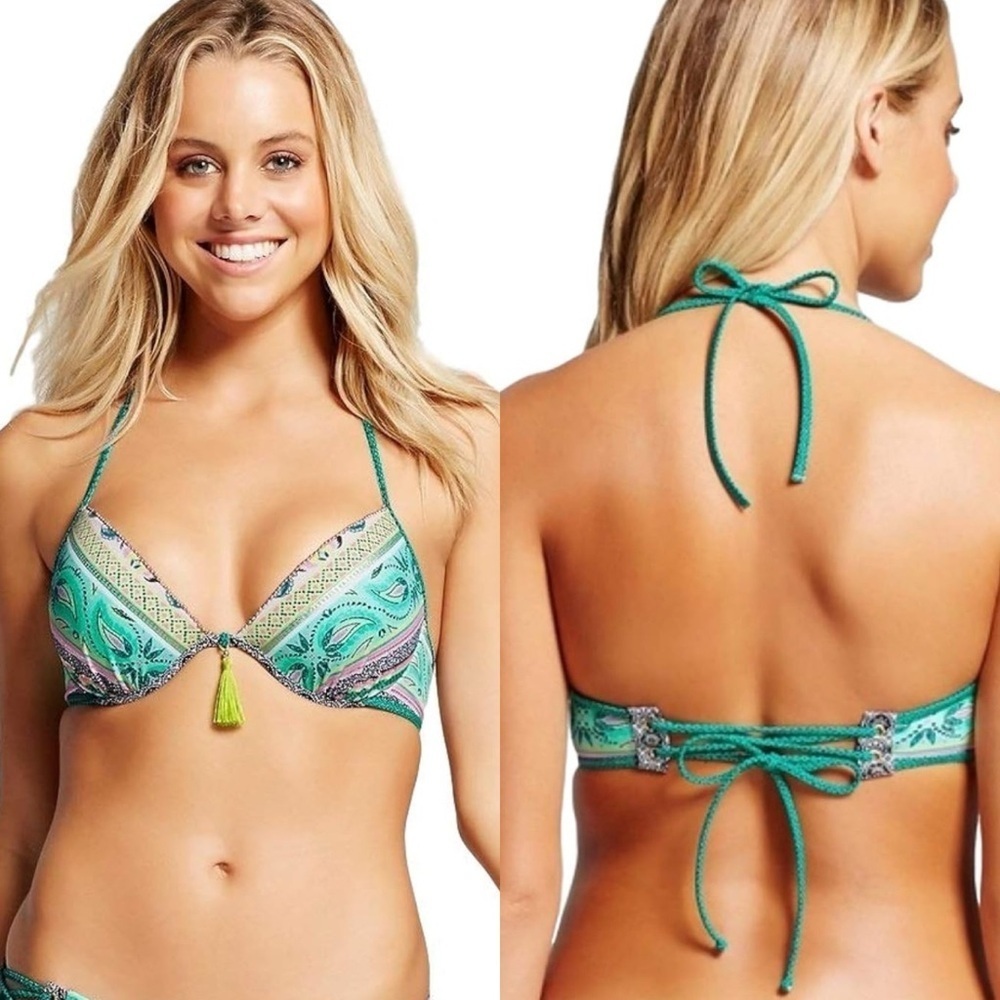 Shade & Shore Halter Bikini Top Turquoise Paisley 36C NWT